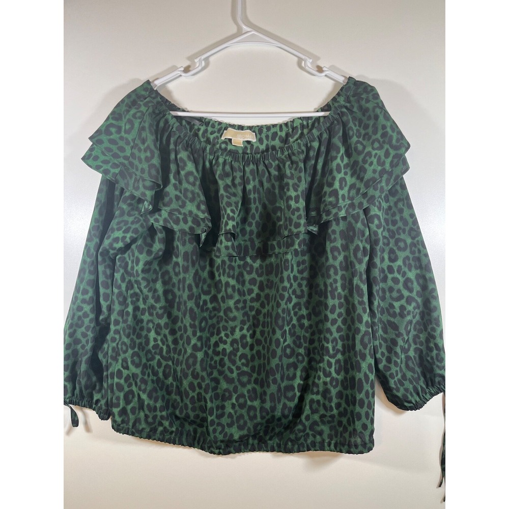 Michael Kors Green Leopard Print 3/4 Slv Off The Shoulder Top Womens Size L